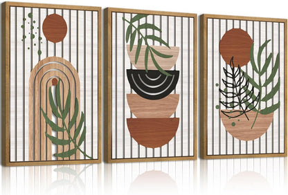 Large Boho Mid Century Wood Wall Art Set Modern Bohemian Wooden Wall Decor Minimalist Leaf Art Decor Abstract Geometric Wall Sculptures for Living Room Bedroom Office-16x24Inchx3