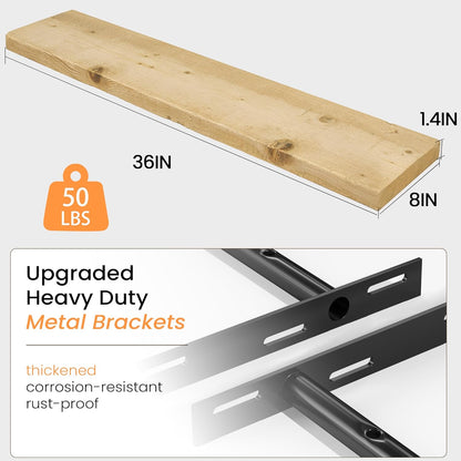 Fun Memories Floating Shelves for Wall Decor, 36"x8" Rustic Reclaimed Wood Shelves, Heavy-Duty Wall Mounted Shelves with Invisible Brackets, Set of 2for Living Room, Bedroom, Kitchen, Natural Finish