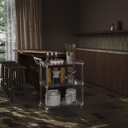 HMYHUM Acrylic Bar Cart with 4 Lockable Wheels, 30.5" L x 15.2" W x 34.5" H, Rolling Serving Cart for The Home Bar, Kitchen, Living Room, with Pulling Handle, Modern, 3-Tier, Clear