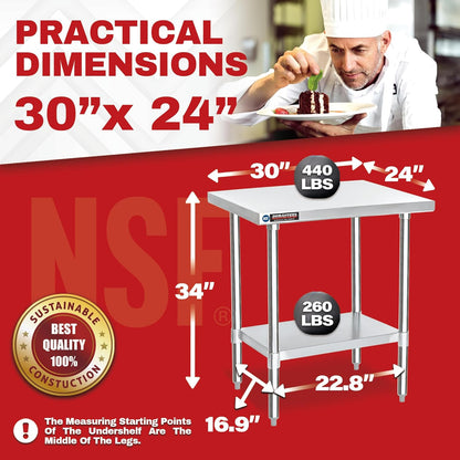 DuraSteel 30x24 Small Stainless Kitchen Island - NSF Outdoor Grill Work Station with Under Shelf - Metal Microwave Stand - For Laundry Room, Kitchen, Garage, Restaurant