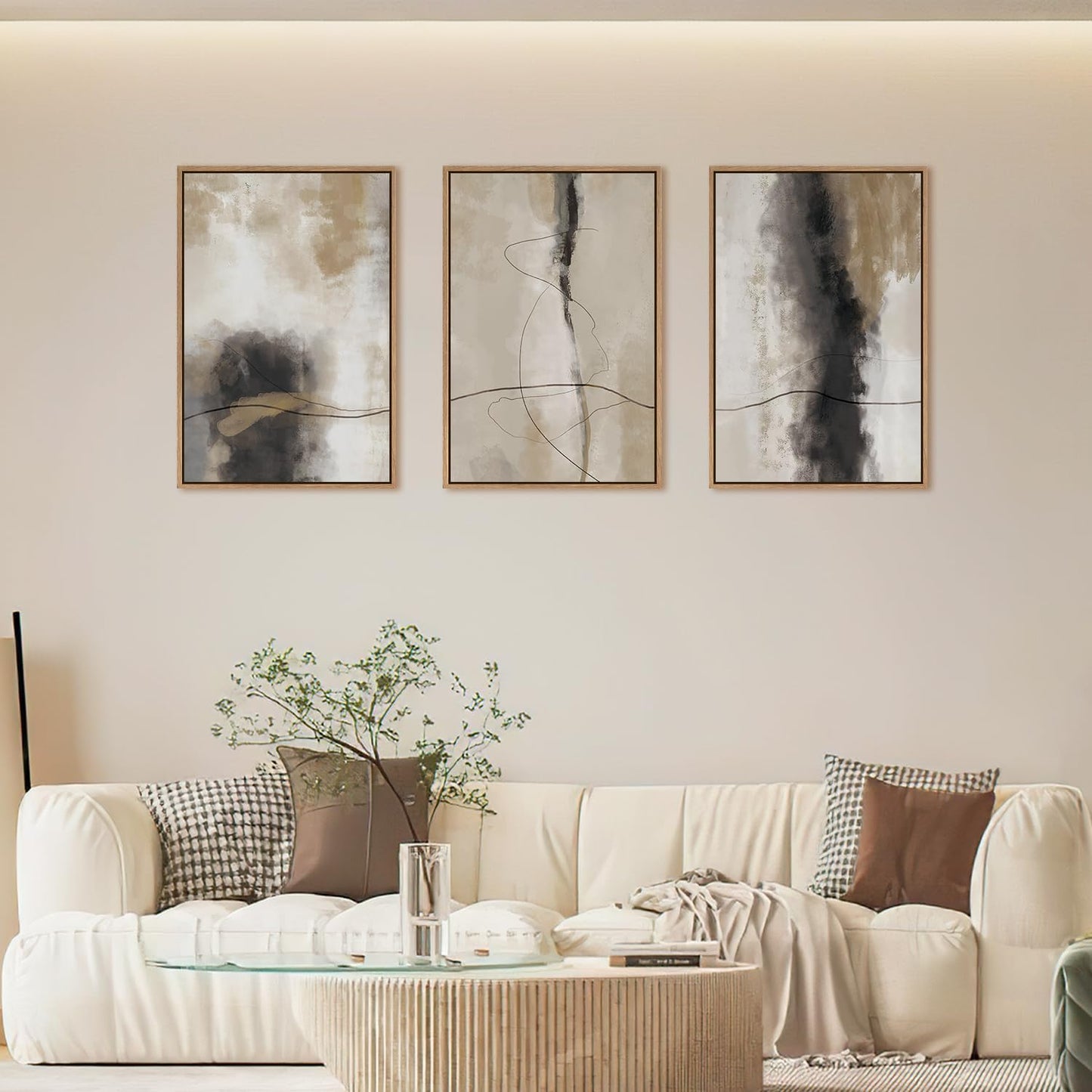 HPINUB Large Modern Abstract Framed Canvas Wall Art Set,Geometric Line Black White and Beige Textured Wall decor Neutral Gray Minimalist Art Print for Living Room,Bedroom,Dining Room,Office -16"x24"x3