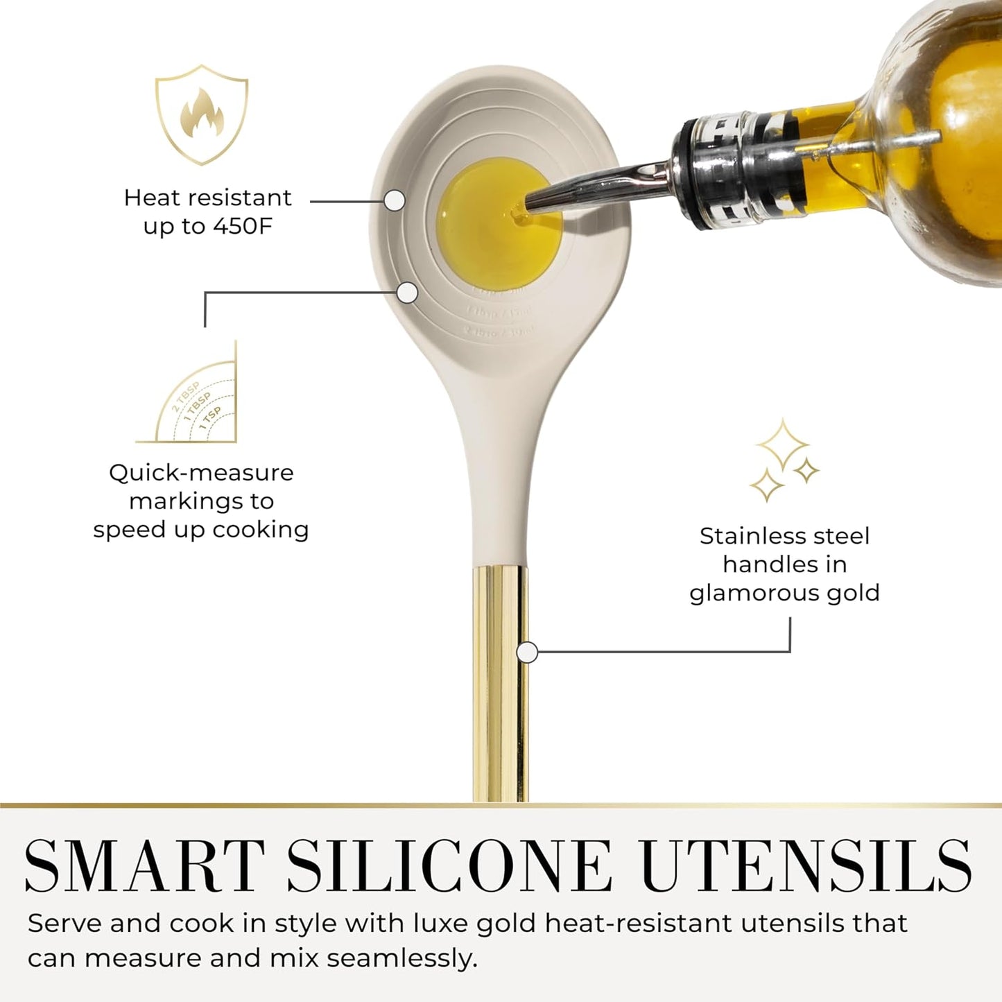 7-Piece Beige & Gold Kitchen Utensils Set – Non-Toxic Silicone & Stainless Steel Tools for Cooking, Serving, & Hosting – Ideal for Nonstick Cookware & Modern Kitchens, with Gold Utensil Holder