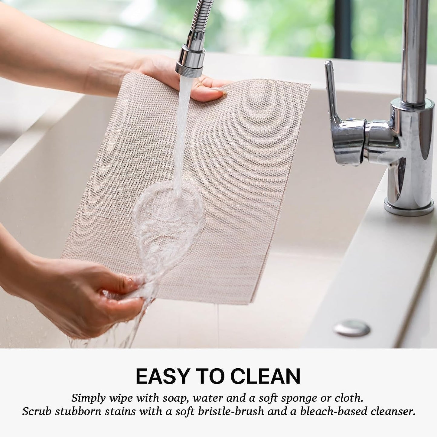 LEXMORE Placemats Set of 6 Vinyl/Plastic Woven Place Mats for Kitchen Table Indoor/Outdoor Washable Placemat Wipeable Dining Table Mats(A-Beige White)