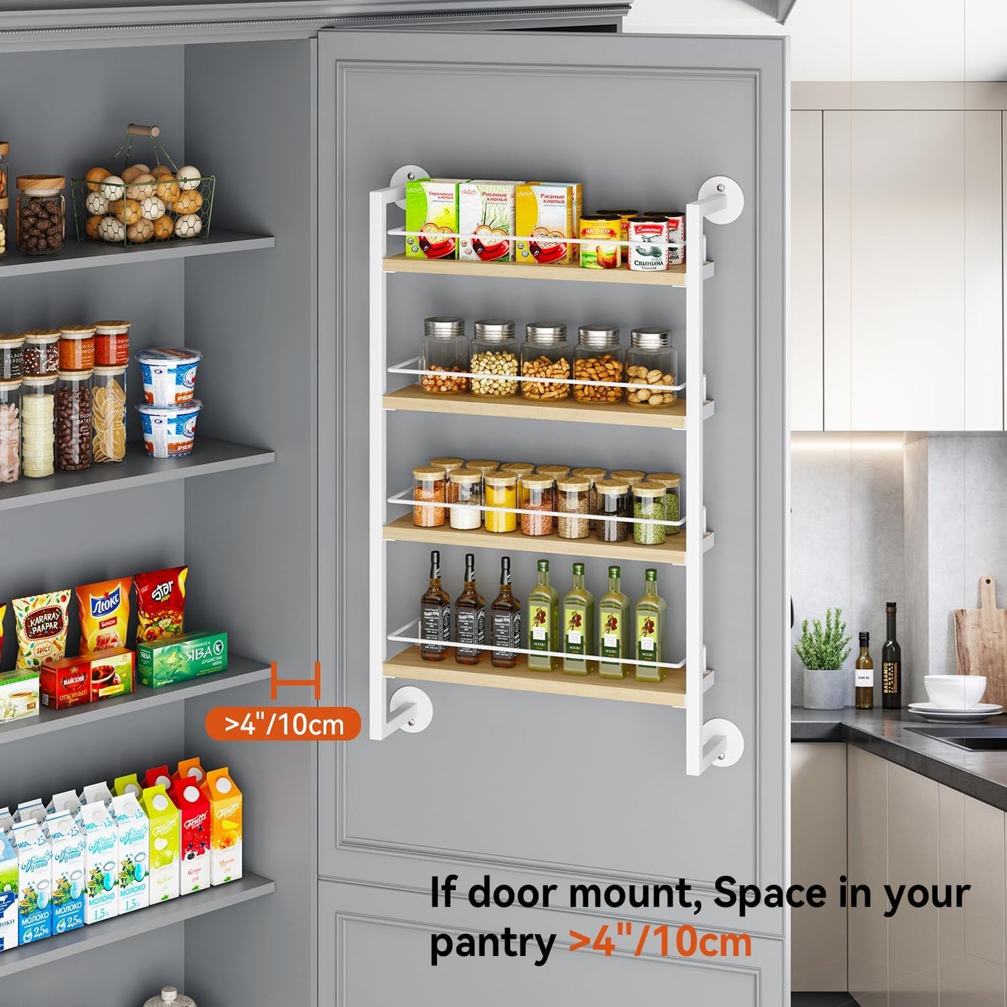 IBUYKE Spice Rack Wall Mount,4 Tier Hanging Seasoning Organizer,Spice Rack for Wall for up to 50 Jars,Spice Organization for Kitchen Cabinet,Living Room,Bathroom,Pantry,Natural TLJ016R