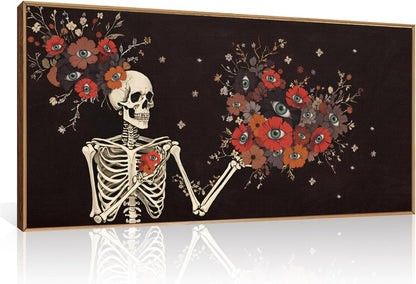 KAIRNE Halloween Skeleton Wall Art,Gothic Skull Canvas Set of 1(40”x20”),Romantic Spooky Floral Botanical Print,Scary Skull Painting,Horror Halloween Wall Art for Living Room Bedroom Goth Party Decor