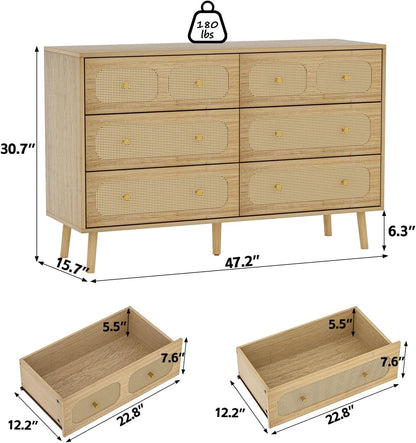 SINROM® Rattan Dresser for Bedroom, Modern 6 Drawer Dresser with Gold Handles, Wood Storage Chest of Drawers for Bedroom, Living Room, Hallway and Entryway, Natural