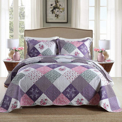 NEWLAKE Quilt Bedspread Sets-Floral Checkered Pattern Reversible Coverlet Set,Queen Size
