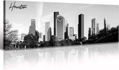 Black and White Wall Art Houston Skyline Canvas Print Picture Panoramic Cityscape Poster Decoration for Bedroom Office Home Decor Framed and Ready to Hang, 13.8"x47.3"