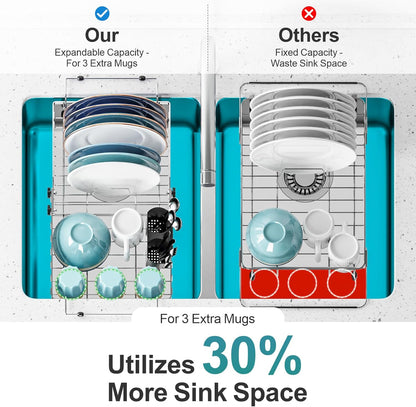 GSlife Expandable in Sink Dish Drying Rack - Capacity Adjustable Stainless Steel Over The Sink Dish Drainer with 2 Cup Holder and Utensil Holder for Kitchen Sink, 10.8"~17.9" L x 14.2" W, Silver