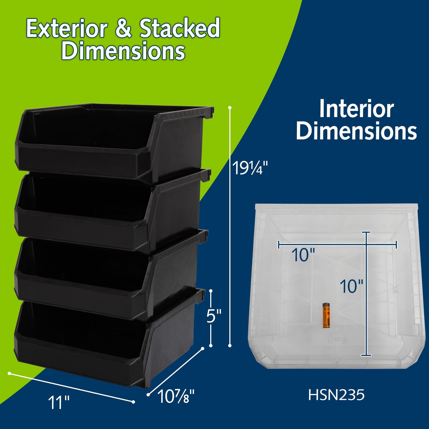 ReadySpace Medium-Wide Stackable Plastic Storage Bins, 4-Pack, Black