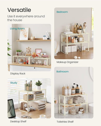 SONGMICS Cabinet Organizer Shelf, Set of 2 Kitchen Counter Shelves, Kitchen Storage, Spice Rack, Stackable, Expandable, Metal and Engineered Wood, Cream White UKCS200W02