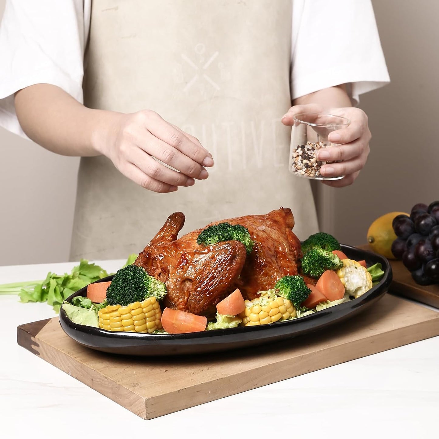 vicrays Serving Platter Ceramic Tray Plates Extra Large Oval 14.5 Inch Porcelain Dinner Plates Long Serving Dish Set Entertaining Party Restaurant Food Meat Sushi Fish Turkey Platter - Black