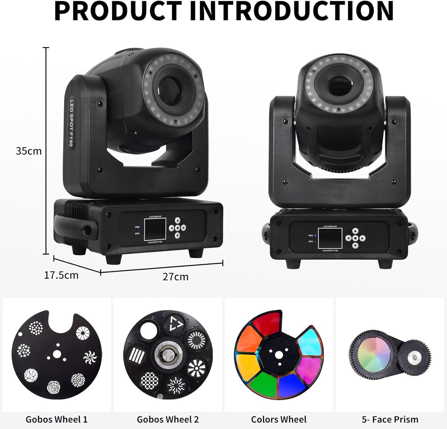 DJCLUB Moving Head Lights LED 100W Spot Effect with 6 Rotating & 7 Gobos 8 Colors Projector 5-Facet Prism by DMX512 Control Stage Lights for Disco Bar Wedding Party (LED 150W Moving Head)