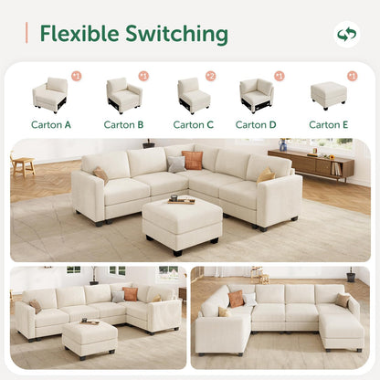 HONBAY Corduroy Modular Sectional Couch with Storage L-Shaped Sectional Couches for Living Room 6 Seater Modular Sectional Sofa, Beige