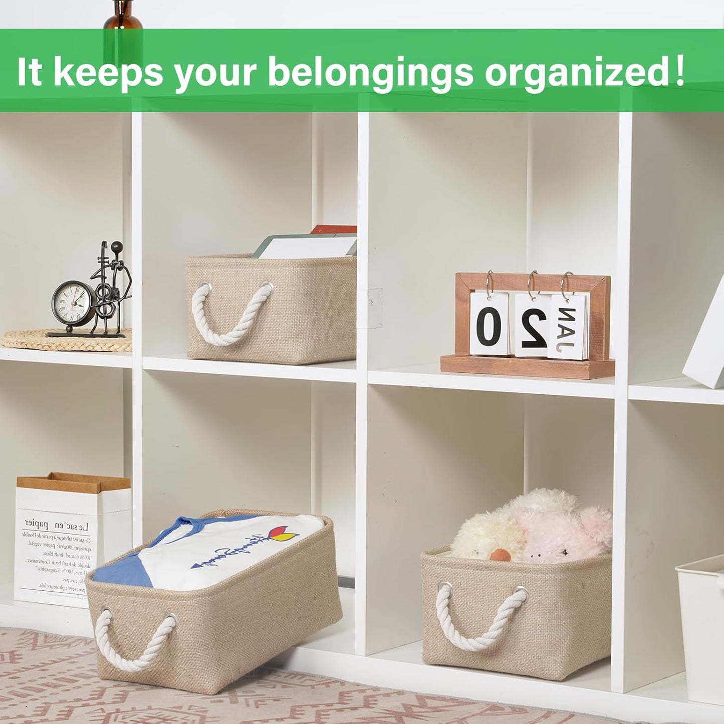 Bidtakay Small Storage Baskets for Shelves 3 Pack Fabric Storage Bins for Organizing Linen Collapsible Organizer for Closet-Flaxen