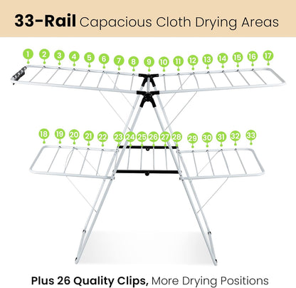 COSTWAY Clothes Drying Rack, Foldable 2-Level Laundry Drying Rack w/Height-Adjustable Wings, 33 Drying Rails & Sock Clips, Standing Large Drying Rack for Clothing, Indoor Outdoor Use