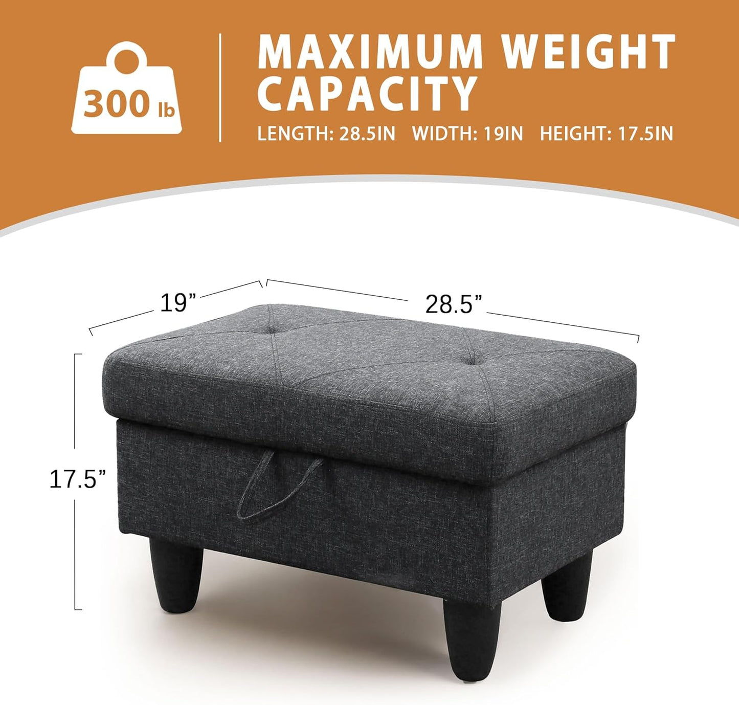 Ottoman Rectangular Storage Ottoman Bench, Flannel Footrest Stool Footstool with Lid for Living Room, Bedroom, Entryway, Black Gray, 28.5"x19"x17.5"