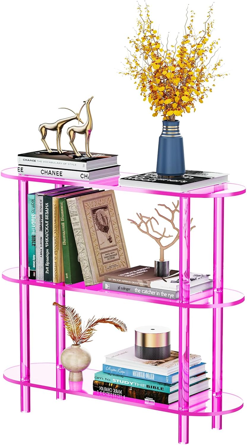 Clear Bookshelf, Acrylic Bookcase with Open Book Shelf Console Table for Entryway Office (3 Tier Pink)