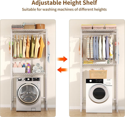 Over Washer and Dryer Shelves,2 Tier Adjustable Height Wire Shelving Laundry Room Storage Organization Clothes Drying Rack with Hanger Rod&Hooks,Space Saving Organizers Shelf,White