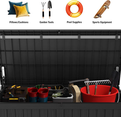 Mars Villa 150 Gallon Outdoor Storage Box Waterproof, Large Resin Deck Box for Outdoor Patio Furniture Cushions, Pool Supplies, Garden Tools, with Hydraulic Hinge, UV-Resistant and Weatherproof, Black