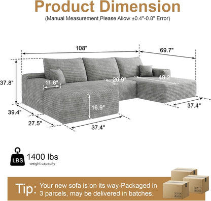 108" Sectional Couches for Living Room Modern Modular Sofa with L-Shape Couchs Upholstered Boneless Couch Deep Seat Sectional Couch with Chaise (Grey, Right Facing Chaise+2Seaters+1Ottoman)