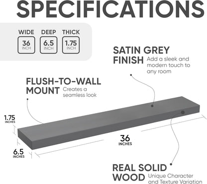 Homeforia 36 inch Gray Floating Shelves, High End Solid Real Wood 36inch Floating Shelf for Wall Mounted, Grey Wooden 36 inches Long Floating Shelves, Heavy Duty Bracket, 36 X 6.5 X 1.75 in, Set of 2