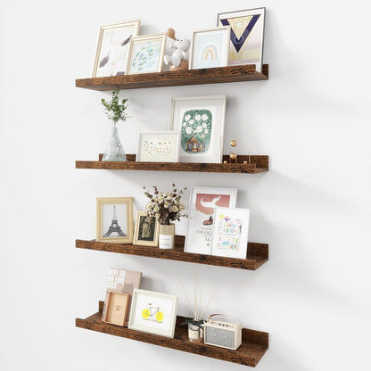 Picture Ledge Shelf, Wood Floating Shelves Set of 4, 24 inch Picture Ledge Shelves, Photo Ledge Nursery Book Shelves Wall Mounted for Living Room Kids' Room Bedroom, Color Brown