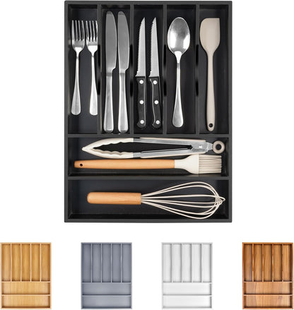 Bellsal Bamboo Silverware Drawer Organizer, Utensil Kitchen Drawer Organizer, Utensil Holder Cutlery Tray with Grooved Drawer Dividers for Kitchen Utensils and Flatware Bedroom Office (7 Slot, Black)