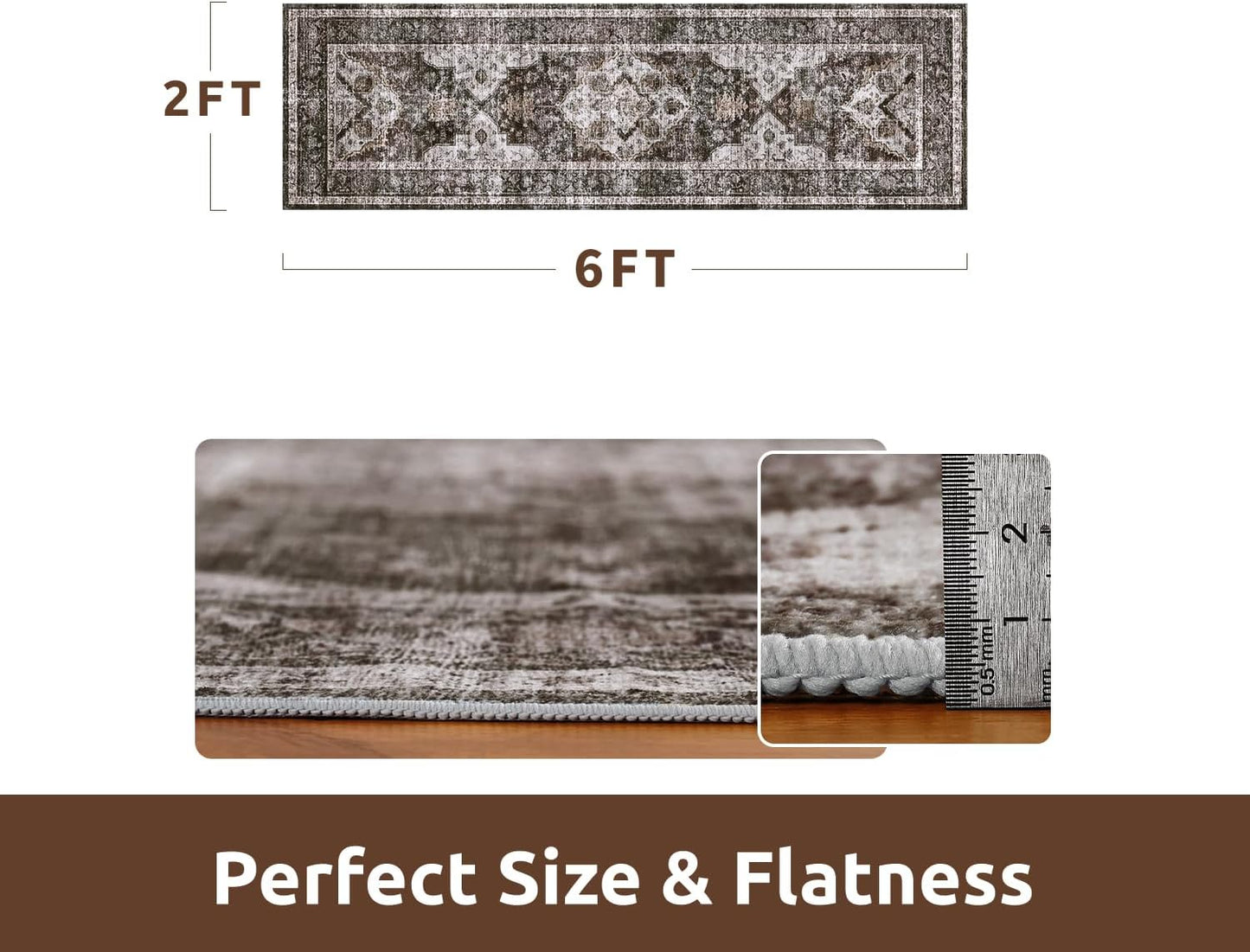 AMOAMI-2X6 Runner Rug-Washable Runners for Hallways-Soft Non Slip Bedside Rugs for Bedroom-Vintage Long Rug for Hallways Entryway Laundry Room Stair Kitchen Bathroom Brick/Brown
