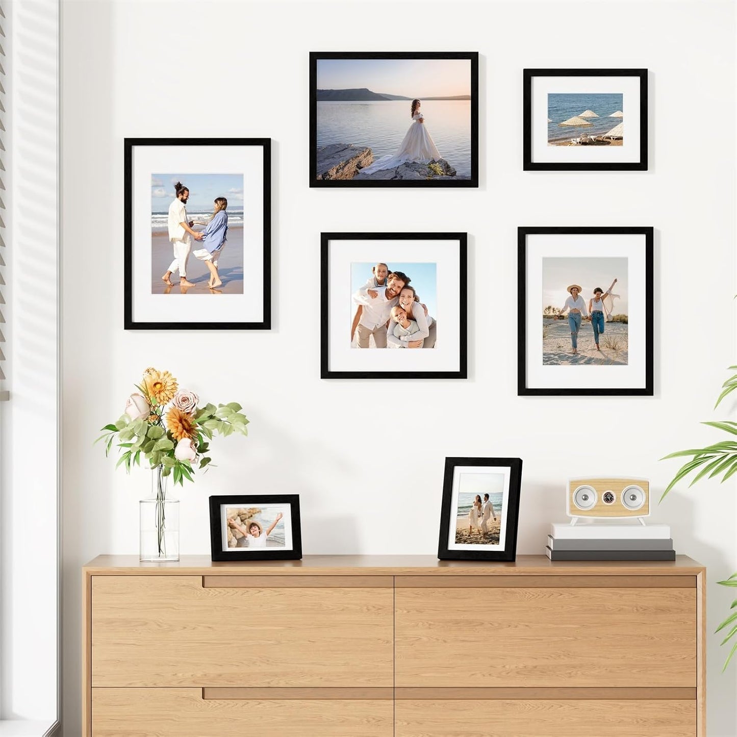 Vittanly 8.5x11 Picture Frames Set of 9, Shatter Resistant Plexiglass, Display 6x8 Pictures with Mat or 8.5x11 without Mat, Photo Frames for Wall or Tabletop, Engineered Wood, Black