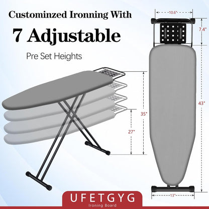 Ironing Board,13" X 43" W/with Iron Rest | Full Metal Construction| Height Adjustable | Heat & Scorch Resistant Fabric | Heavy Duty| Easy to Fold | Anti-Skid Feet |Grey