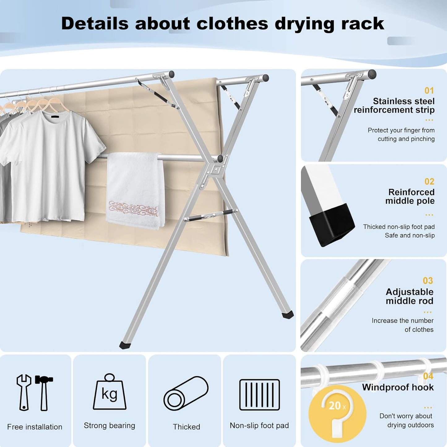 Sarahipe Sillars Clothes Drying Rack, 94.5 inches Laundry Drying Rack Clothing Foldable & Collapsible Stainless Steel Heavy Duty Clothing Drying Rack with Windproof Hooks for Indoor Outdoor
