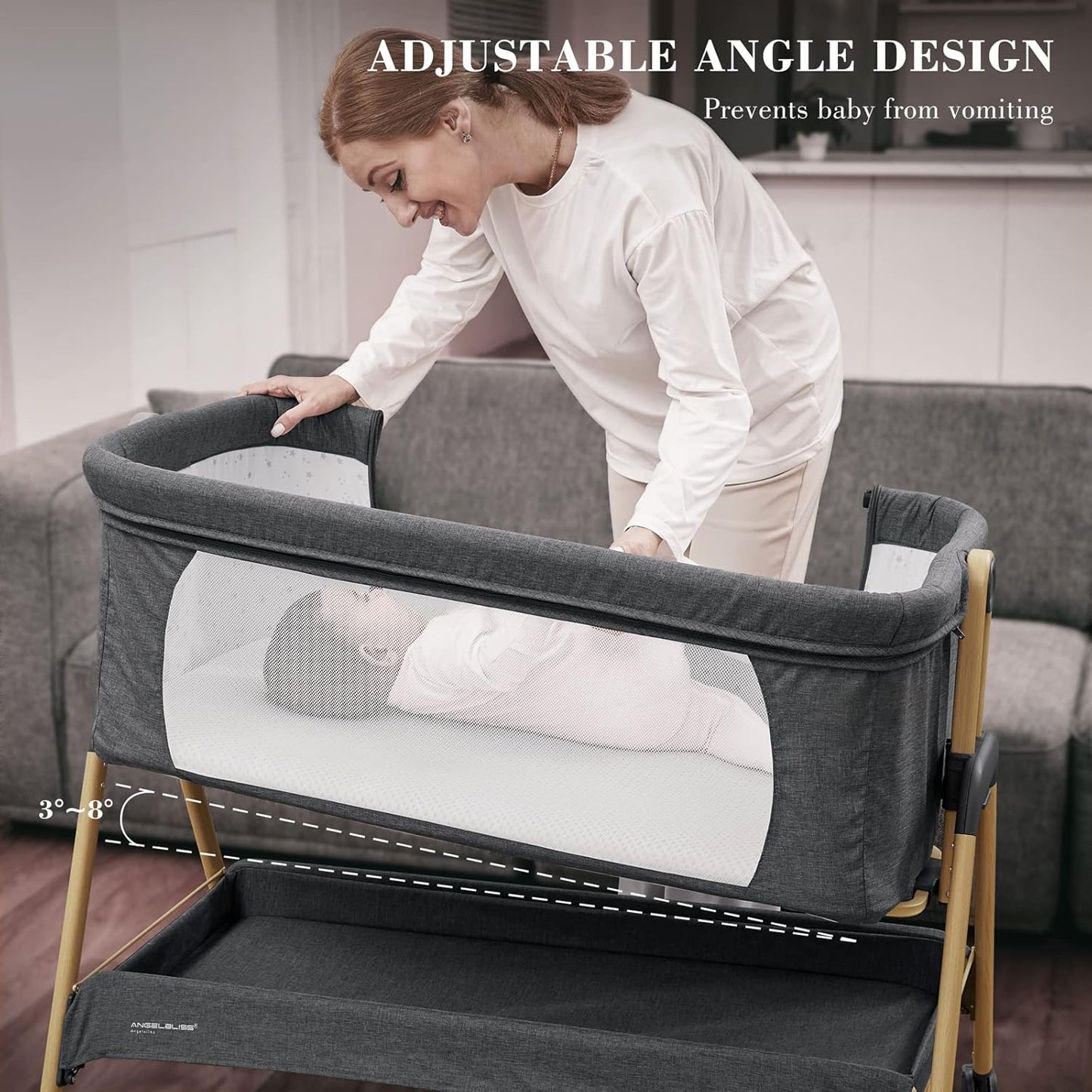 ANGELBLISS Baby Bassinet, Bedside Sleeper, Easy Folding Bedside Crib with Breathable & Washable Mattress Baby Bed, 6-Level Adjustable Portable Bassinets for Safe Co-Sleeping for Newborn Infant