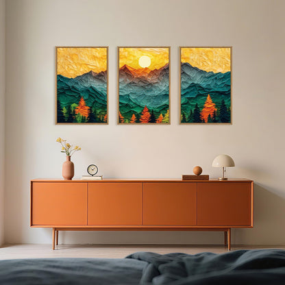 Abstract Mountain Framed Canvas Wall Art Set, Forest Pine Tree Golden Sunset Wall Decor, Mixed Patchwork Landscape Art Print for Living Room, Bedroom, Dining Room, Office - 16"x24"x3