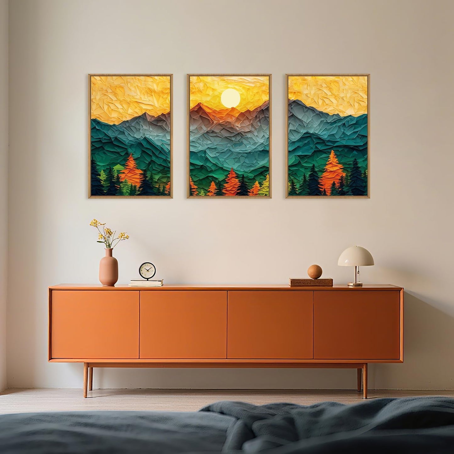 Celestdeco Abstract Mountain Framed Canvas Wall Art Set, Forest Pine Tree Golden Sunset Wall Decor, Mixed Patchwork Landscape Art Print for Living Room, Bedroom, Dining Room, Office - 24"x36"x3