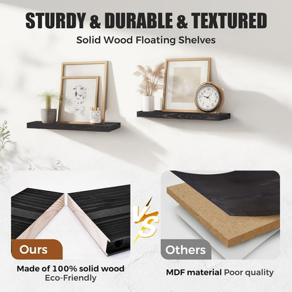 Floating Wall Shelves - 16"x6.8"x1.2" Sturdy Rustic Black Solid Wood Shelves for Storage and Décor, Easy Installation for Living Room, Bedroom, and Kitchen - 2 Pack