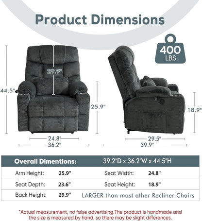 Oversized Dual Motor Lay Flat Power Lift Recliner Chair with Massage, Heating, Lumbar Pillow, USB & Type-C Ports, Textile Lift Chair Recliner, Large Recliner for Big & Elderly People - Grey