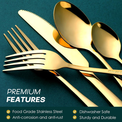 Gold Silverware Set for 8, OGORI 45-Piece Stainless Steel Flatware Set with Serving Set, Mirror Polished Cutlery Set with Serving Utensils Spoon for Kitchen Party Supply
