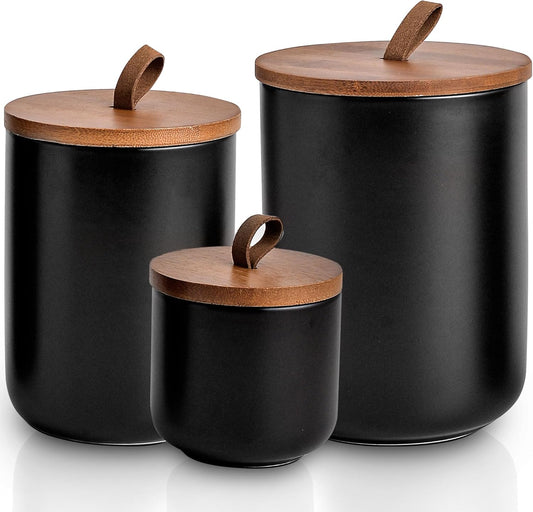 Black Ceramic Canister Set with Bamboo Lids, 3-Piece Airtight Food Storage Jars for Kitchen - Flour, Sugar, Coffee, Tea, Spice - Small, Medium, Large Sizes