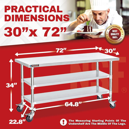DuraSteel Stainless Steel Work Table 30" x 72" x 34" Height w/ 4 Caster Wheels - Food Prep Commercial Grade Worktable - NSF Certified - Good for Restaurant, Business, Warehouse, Home, Kitchen, Garage