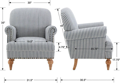 chairus Linen Accent Chair for Living Room Set of 2 Upholstered Mid Century Modern Single Sofa Chair with Solid Wood Legs Comfy Reading Armchair for Bedroom/Office Room/Recption/Lounge, Blue Stripe