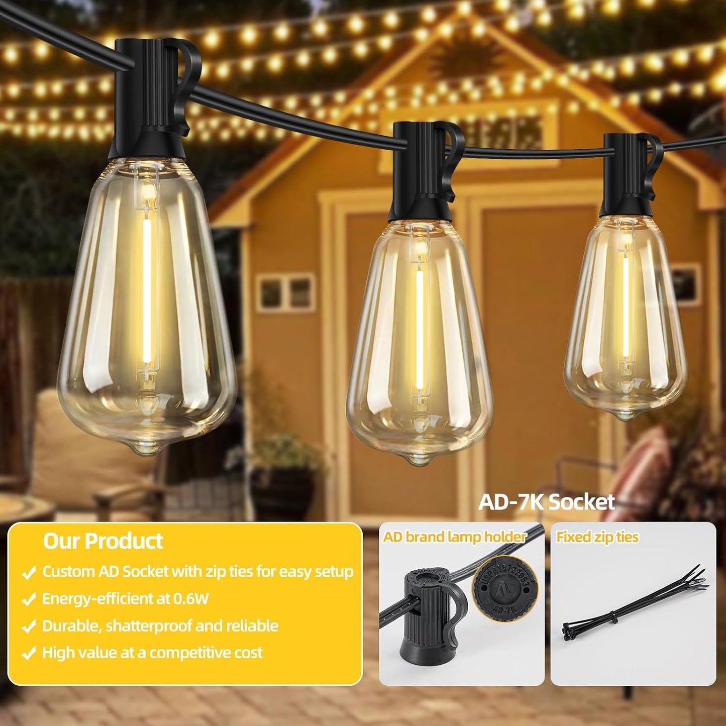 ST38 100FT LED Outdoor String Lights with 50 Shatterproof ST38 Bulbs+2 Spares, 2700K Warm White – for Backyard, Patio, Garden, Wedding, Party, Christmas, Porch, Deck, Gazebo, Bistro, Camping Decor