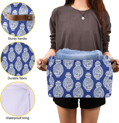 susiyo Storage Baskets for Shelves Organizer Baskets with Metal Frame Closet Storage Bins Fabric Bins Cubes with PU Handles for Organizing Shelf Nursery Toys 1 PACK,Blue Chinoiserie Vases