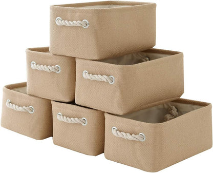 TheWarmHome Storage Basket for Organizing - Small 6 Pack 11.8x7.8x5.2 inch Fabric Storage Cubes with Cotton Rope Handle, Collapsible Storage Bins Baby Storage Toy Nursery (Beige)