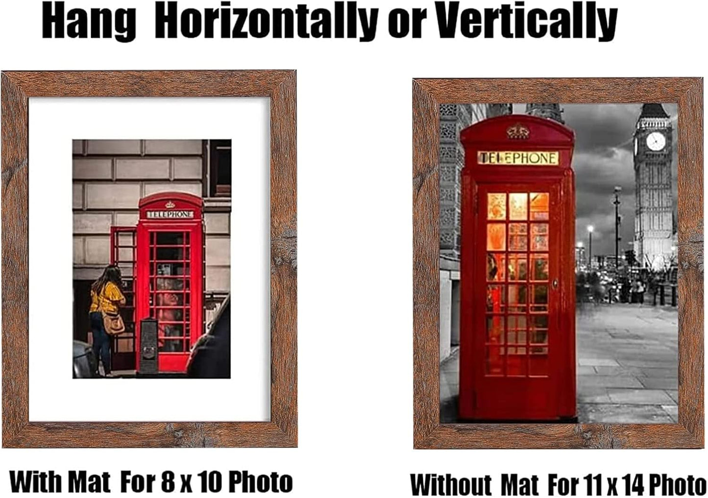 11x14 Picture Frame Set of 6, Display Pictures 8x10 with Mat or 11x14 Without Mat for Wall Mounting,Rustic Brown