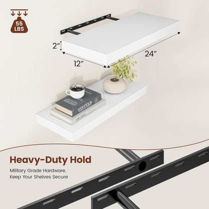 White Floating Shelves for Wall, 24 Inch X 12 Deep Shelves for Room Wall Mounted，2" Thick Heavy Duty Holds 55lbs Floating Shelf for Bedroom Bathroom Kitchen Laundry Room, Set of 2