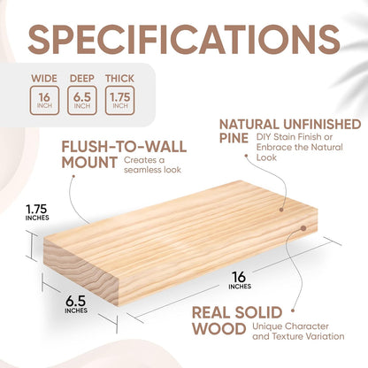 Homeforia Wood Floating Shelf 16 inch, High End Solid Natural Wood 16inch Floating Shelves for Wall Mounted, Unfinished Wooden Small Floating Shelves, Heavy Duty Bracket, 16 X 6.5 X 1.75 in, Set of 3
