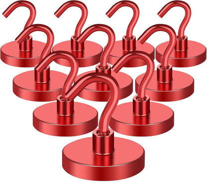 MIKEDE Strong Magnetic Hooks, 110Lbs Heavy Duty Magnetic Hooks for Cruise, Neodymium Earth Magnets with Hooks for Hanging, Super Metal Magnetic Hanger for Grill, Storage (Red,10 Pack)