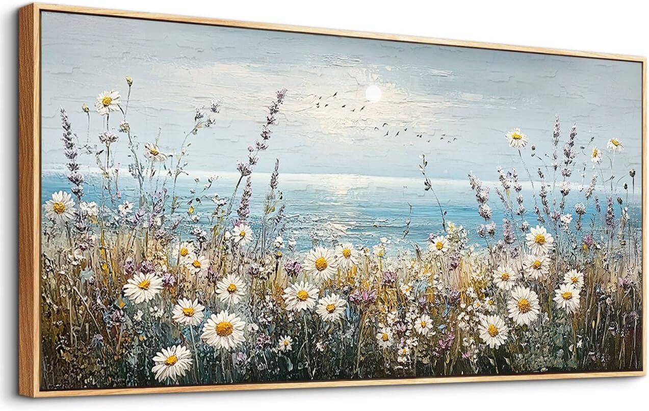 PHAOHUAXM Large Canvas Printing Artworks Mural Wall Decor For Living Room Wall Art For Bedroom Office Decor Blue Ocean Paintings Flowers Watercolour Wall Pictures Home Decor Wood Framed 30x60 In