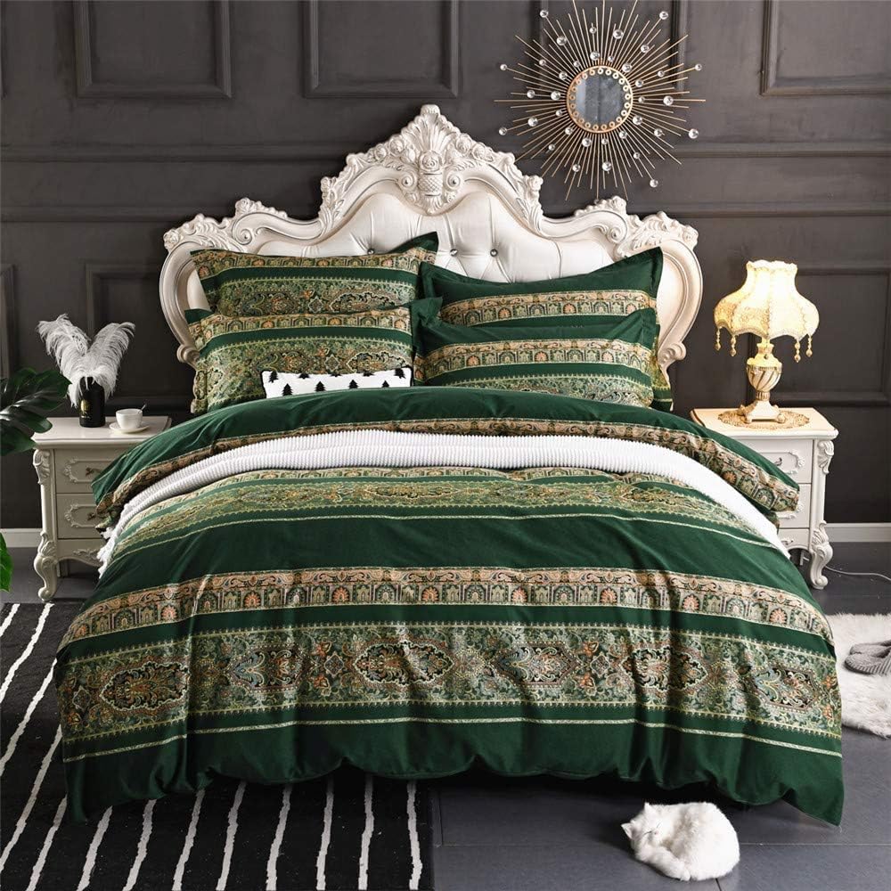ABREEZE Bohemian Vintage King Size Floral Cotton Bedding Set 3Pcs Duvet Cover Set Boho Green Paisley 100% Egyptian Brushed Cotton Reversible Home Bedding Collection